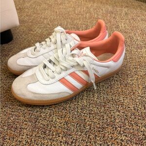 White Adidas Sambas with Pink Stripes